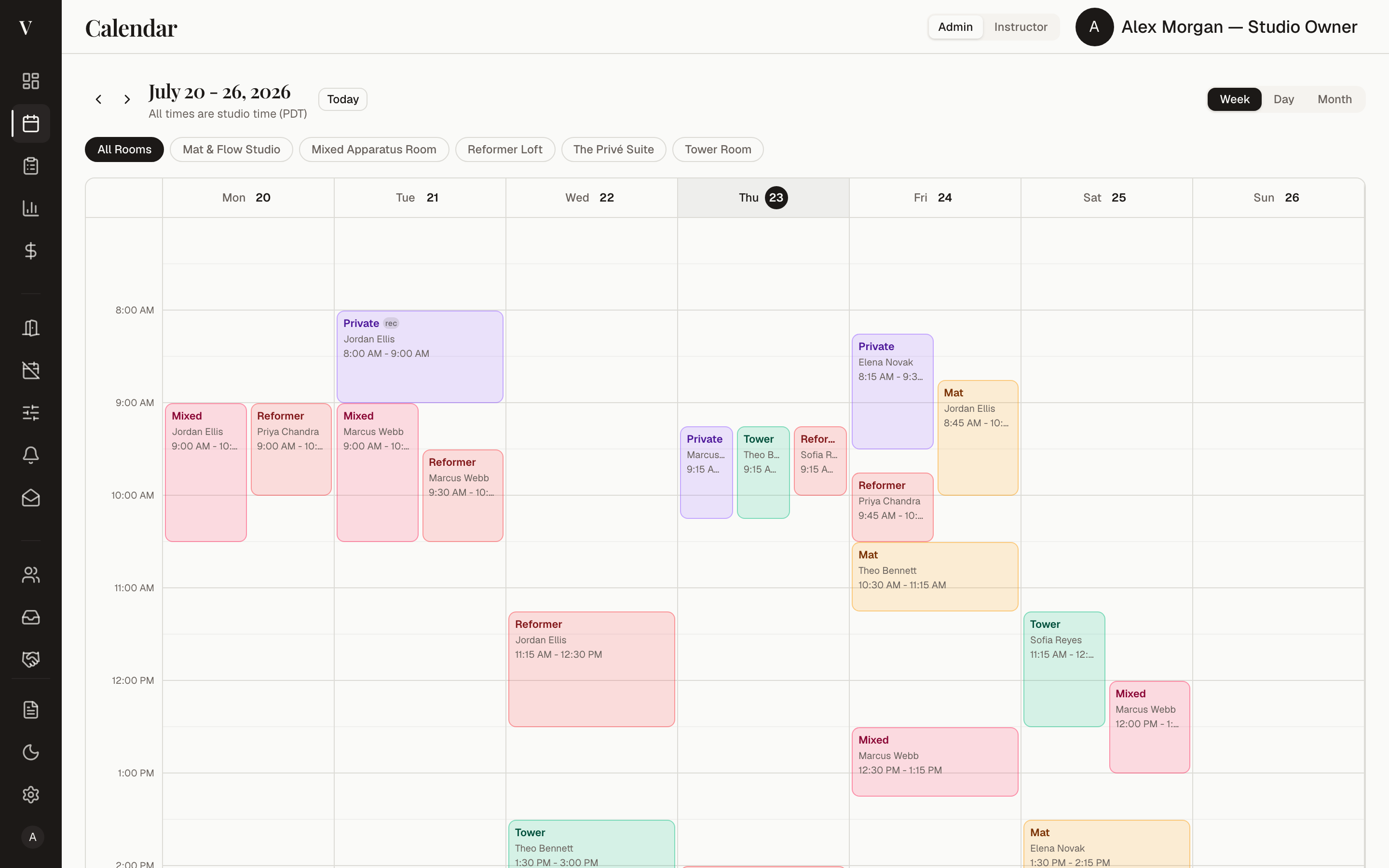 The Veya master calendar: a full week across five rooms, with Reformer, Mat, Tower, Mixed, and Private sessions color-coded on the owner's schedule